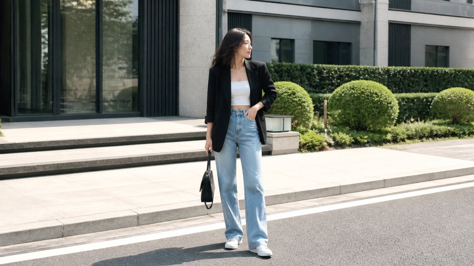Vest đen nữ phối croptop và quần cạp cao