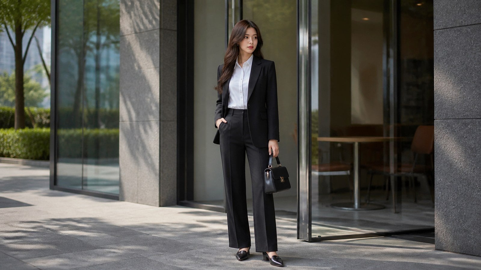 Vest đen nữ phối sơ mi trắng và quần tây