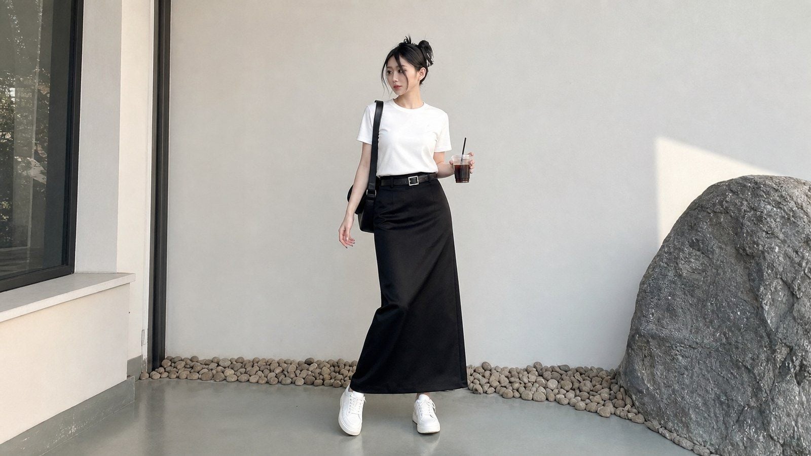 Chân váy dài đen phối với áo thun trắng