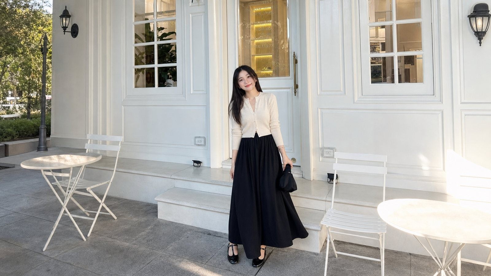 Chân váy dài đen phối với cardigan ngắn