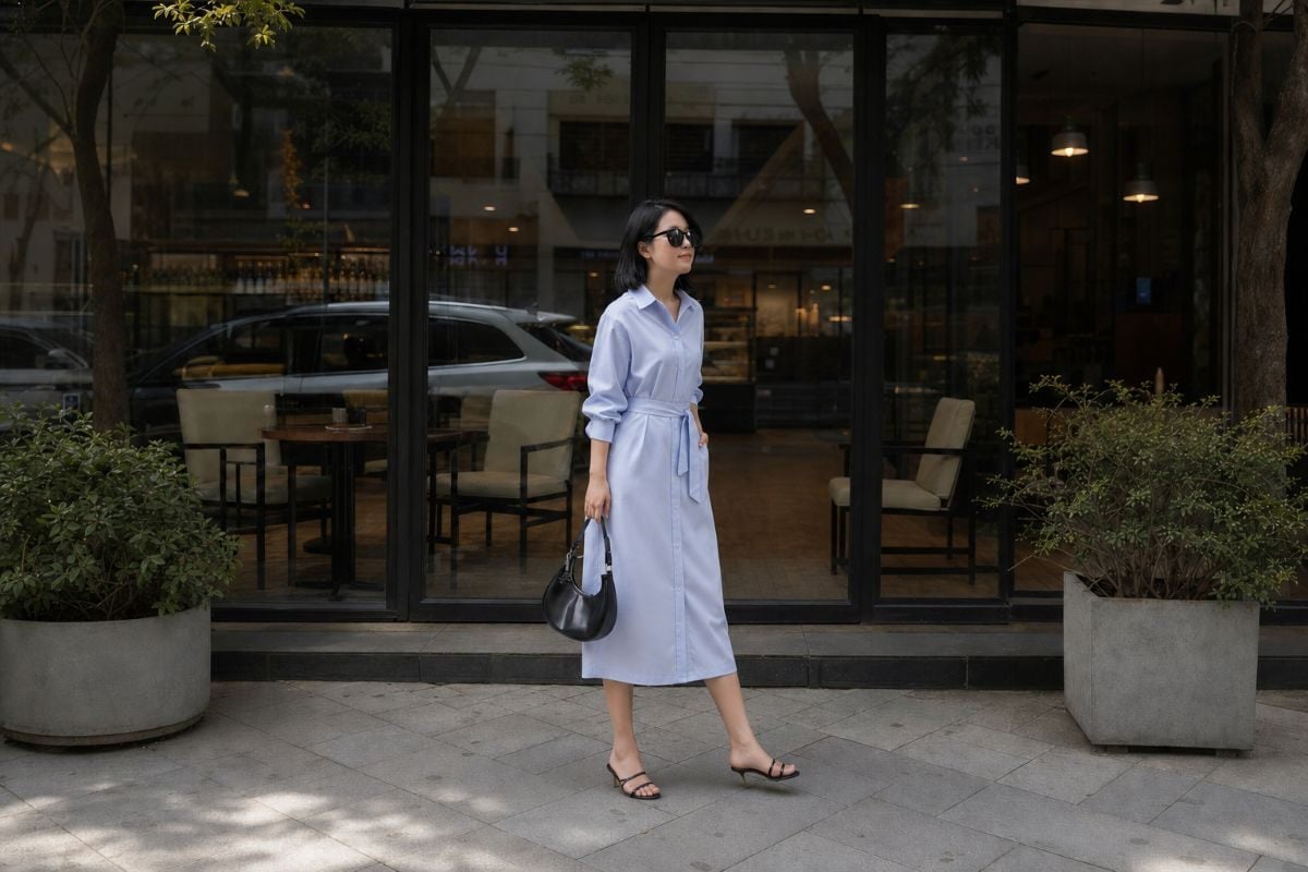 Đầm sơ mi ngắn vừa và sandal đế thấp gọn