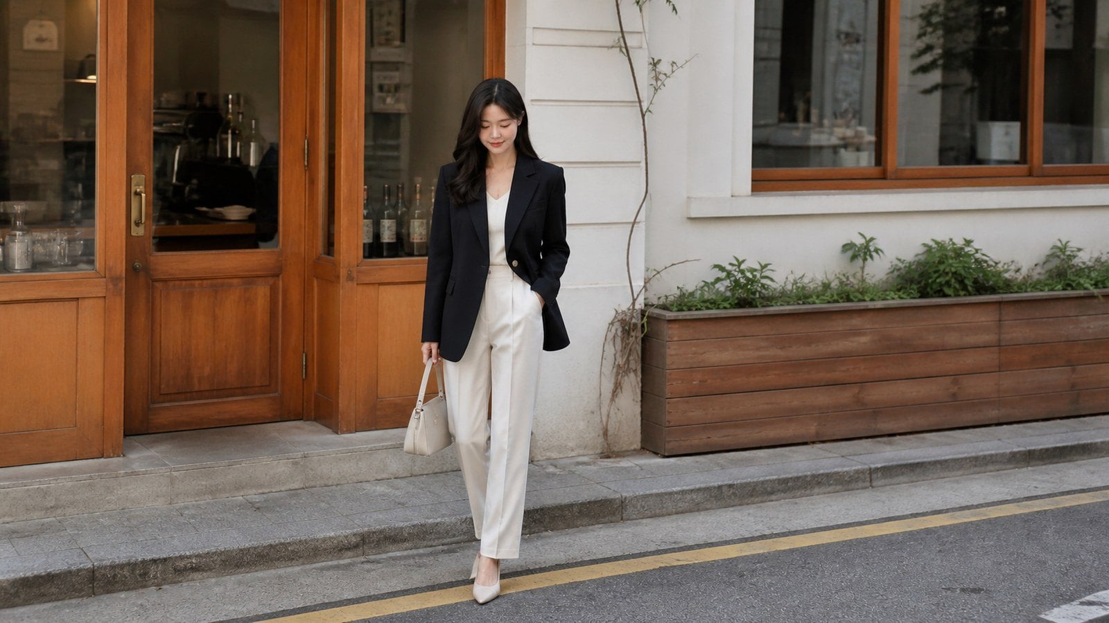 Vest đen nữ phối quần trắng hoặc be