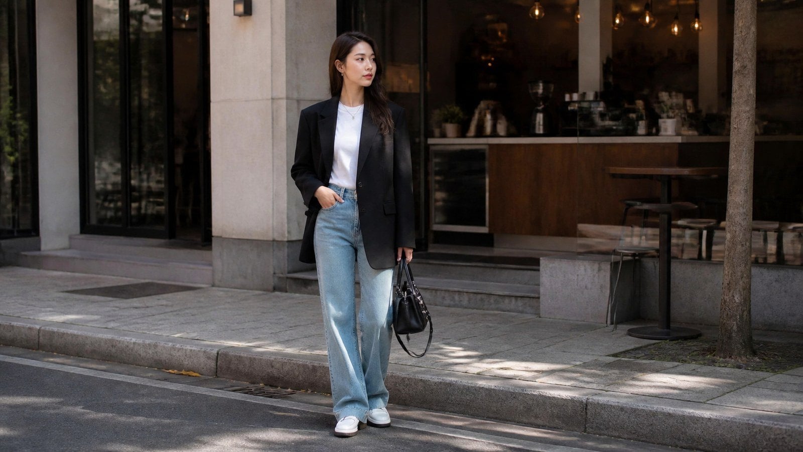 Vest đen nữ phối áo thun trắng và quần jeans