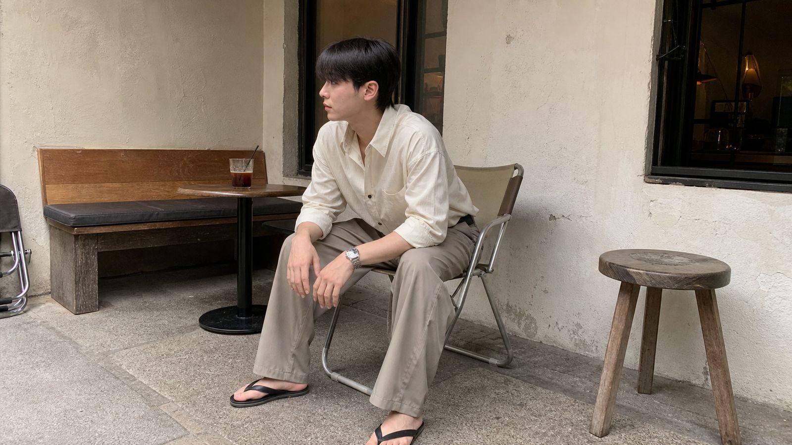 Nam giới ngồi trên ghế và hơi nghiêng người về trước