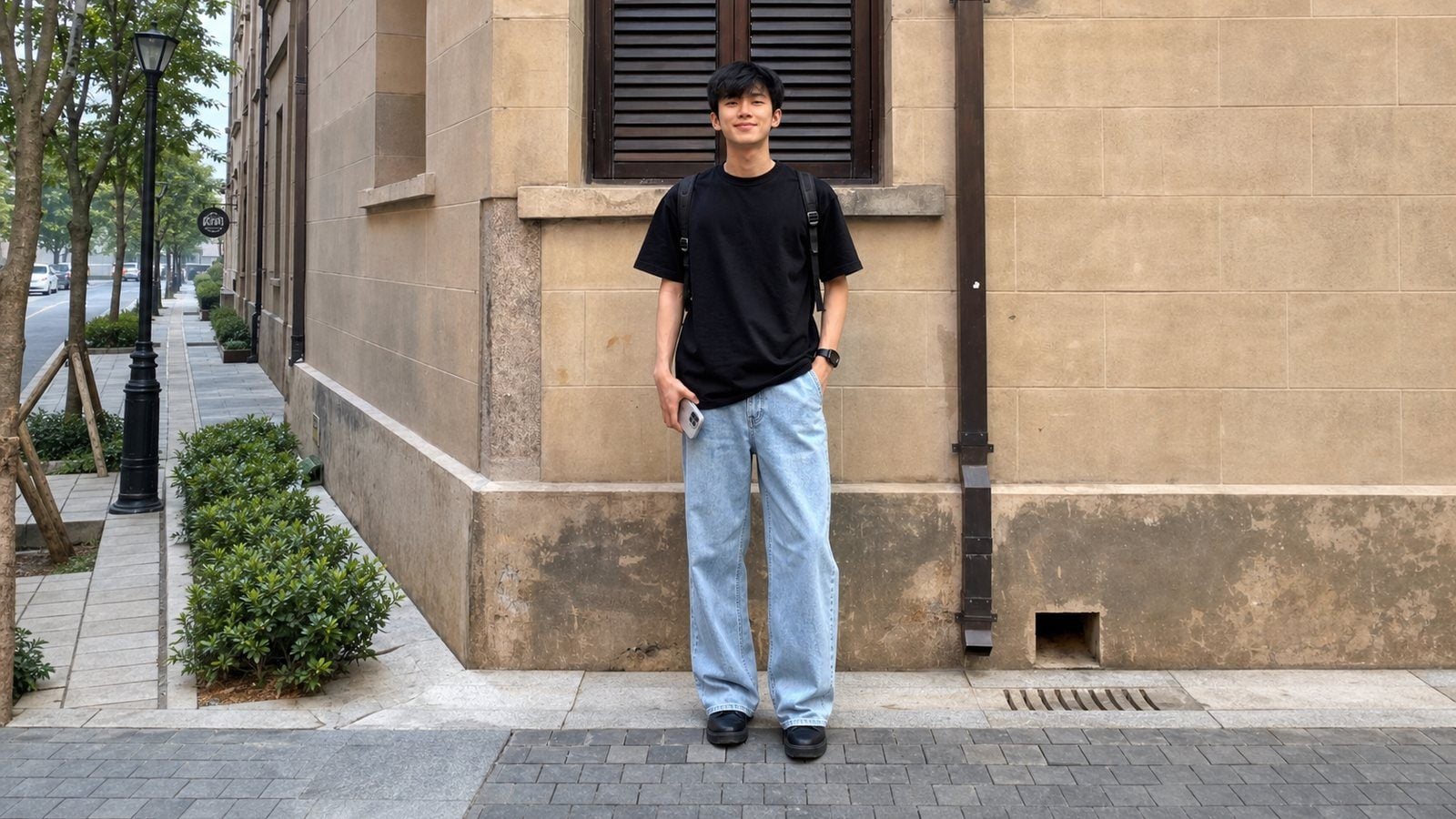 Áo thun đen phối denim xanh nhạt cho nam 2005 thích set đồ đơn giản