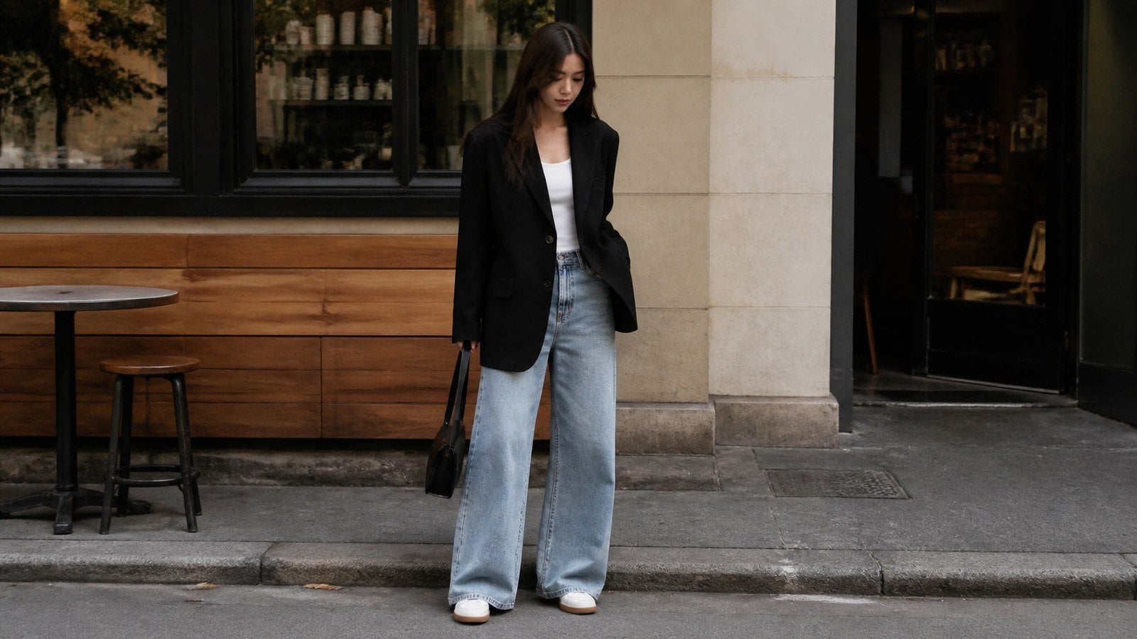 Vest đen nữ phối quần jeans ống rộng