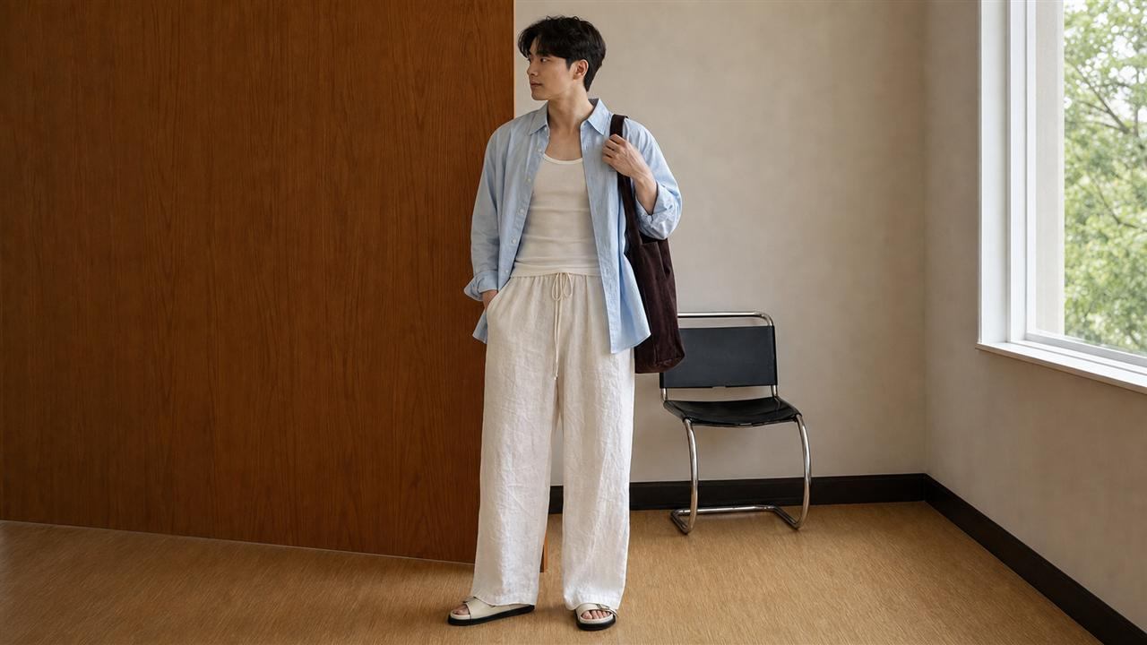 Quần linen ống rộng phối tank top và sơ mi khoác cho mùa nóng