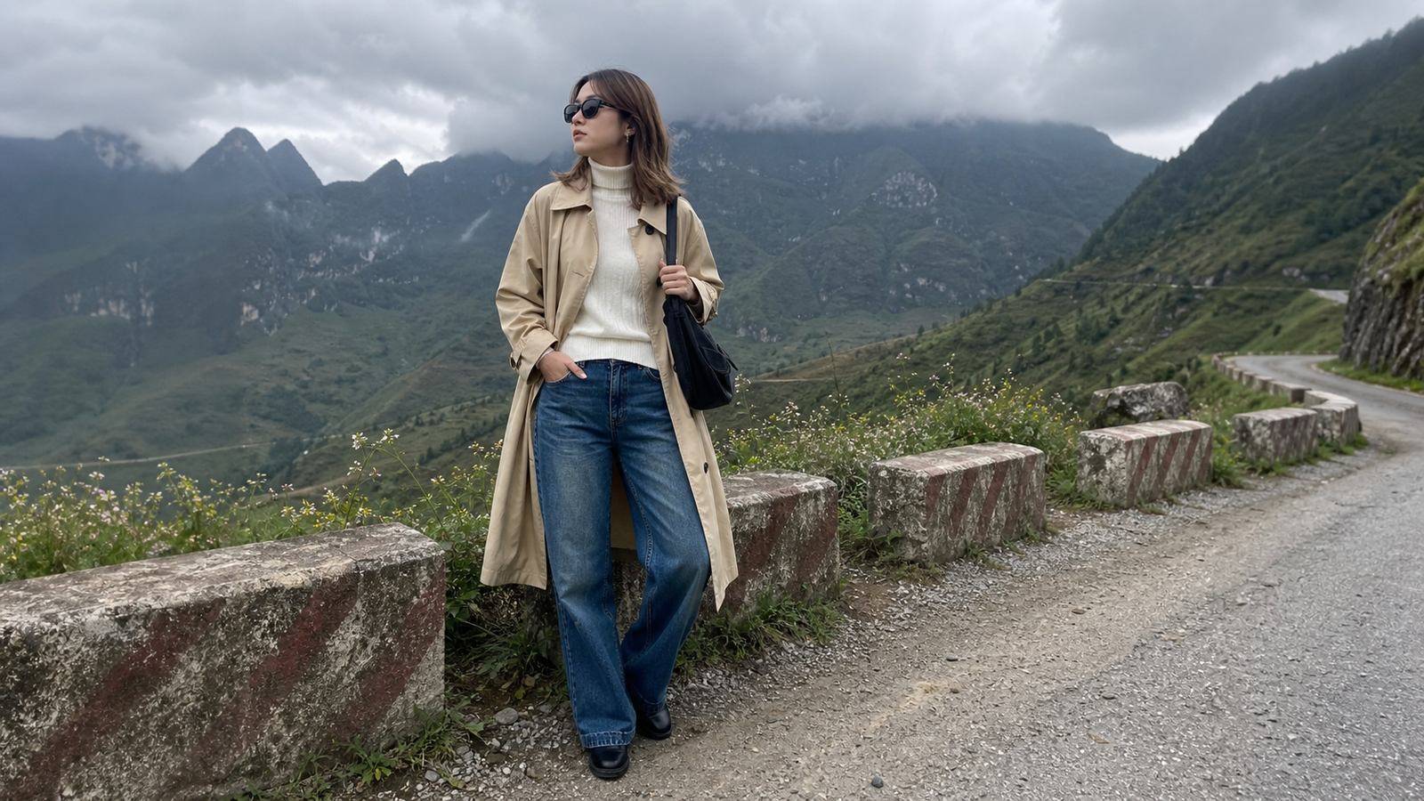 Áo cổ lọ mỏng phối trench coat nhẹ cho mùa lạnh ở Hà Giang