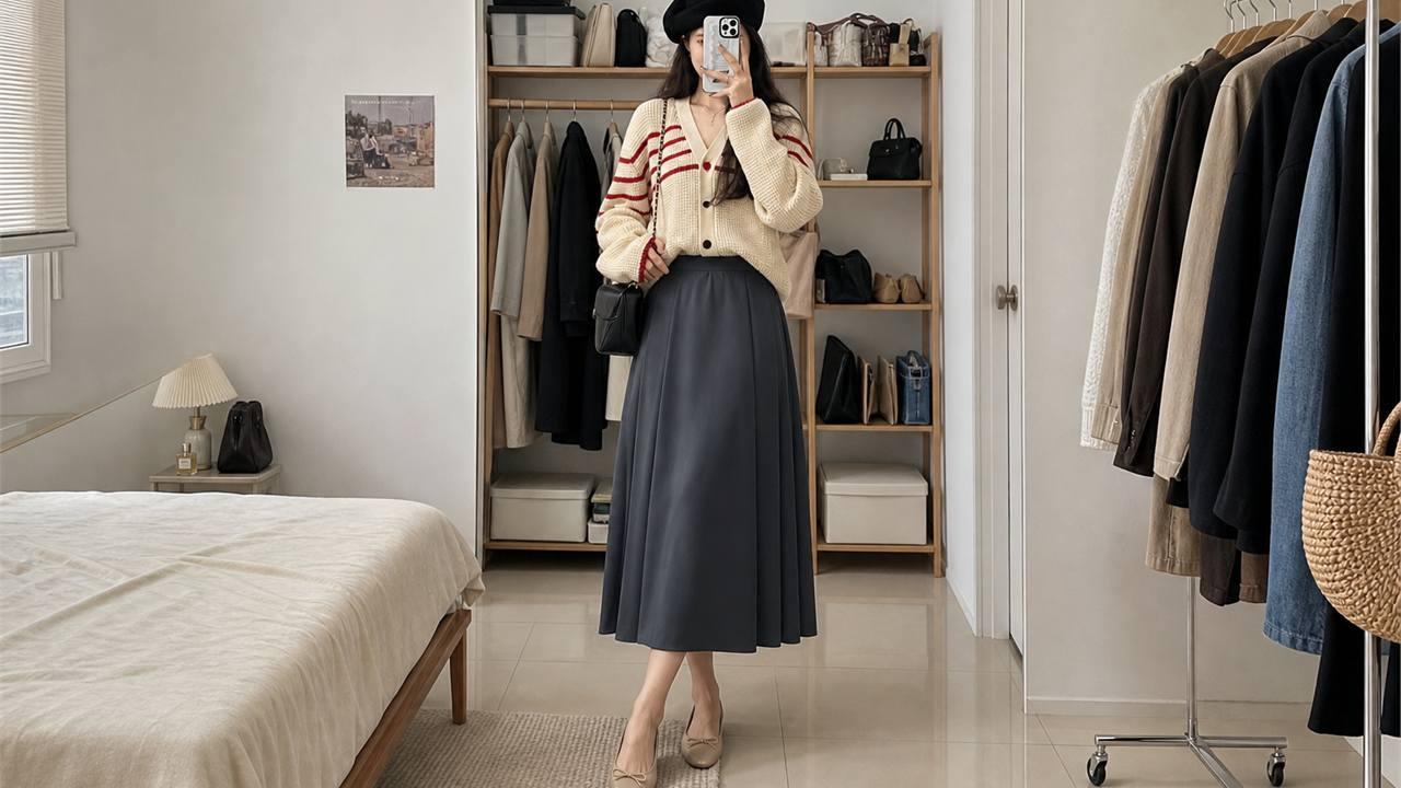 Đầm midi có điểm eo và giày cùng tông da hoặc giày nude