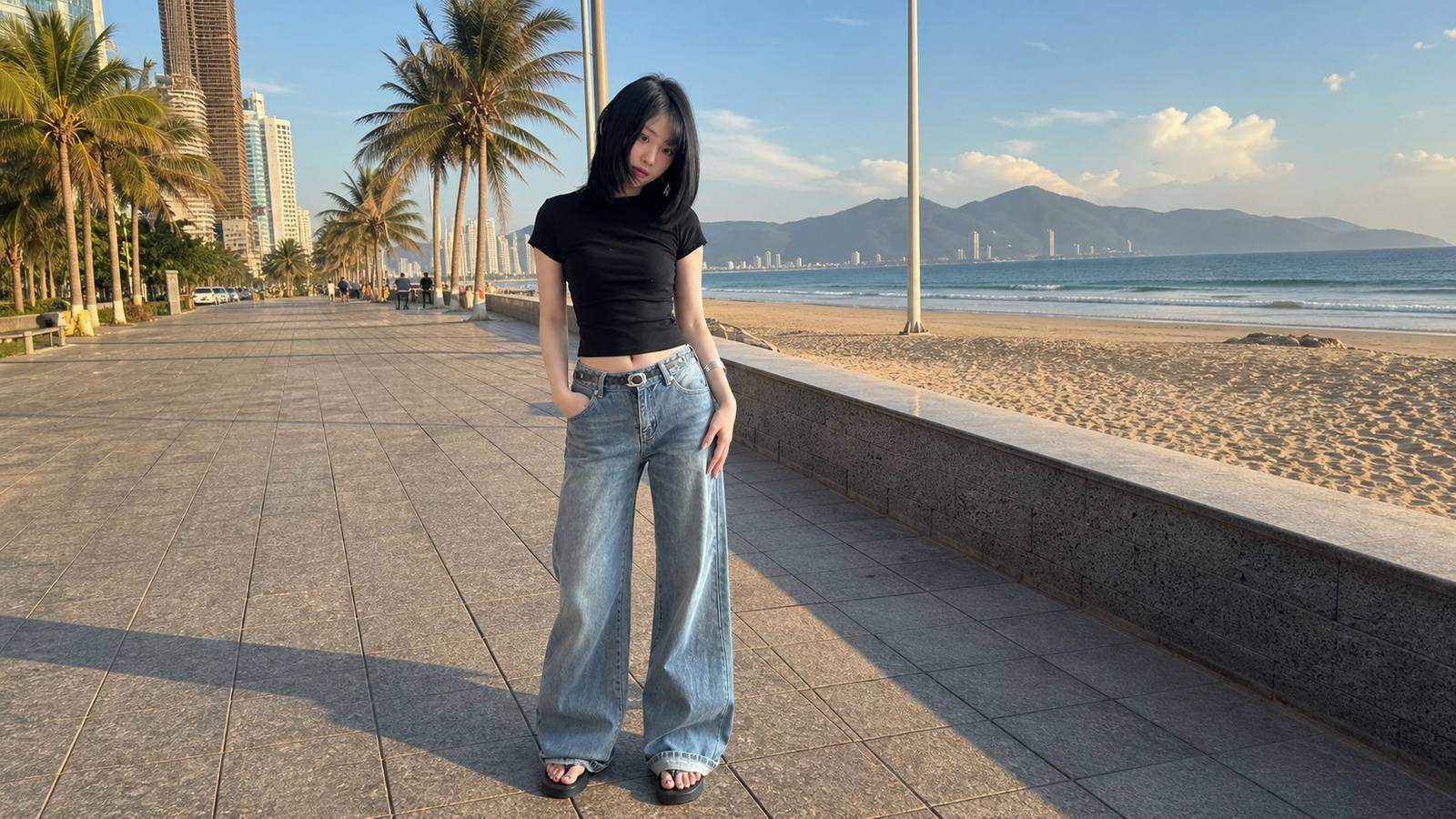 Croptop gọn phối quần ống rộng nhẹ cho phố biển Đà Nẵng