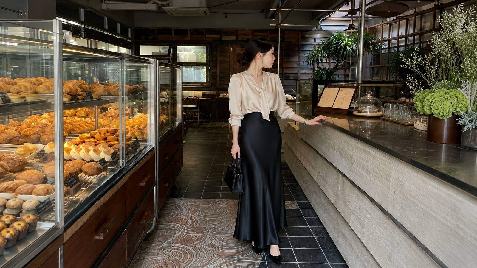 Chân váy đen dài satin hoặc lụa