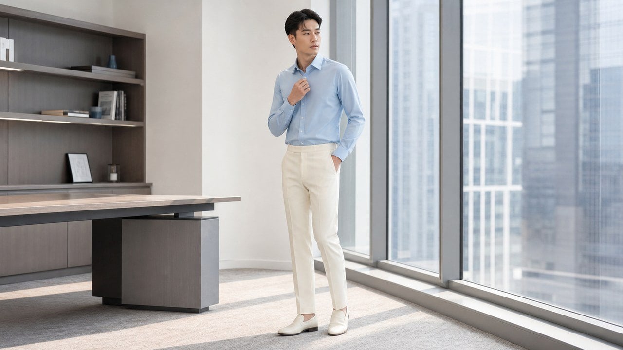 Sơ mi xanh dương nhạt phối quần trắng ngà cho công sở