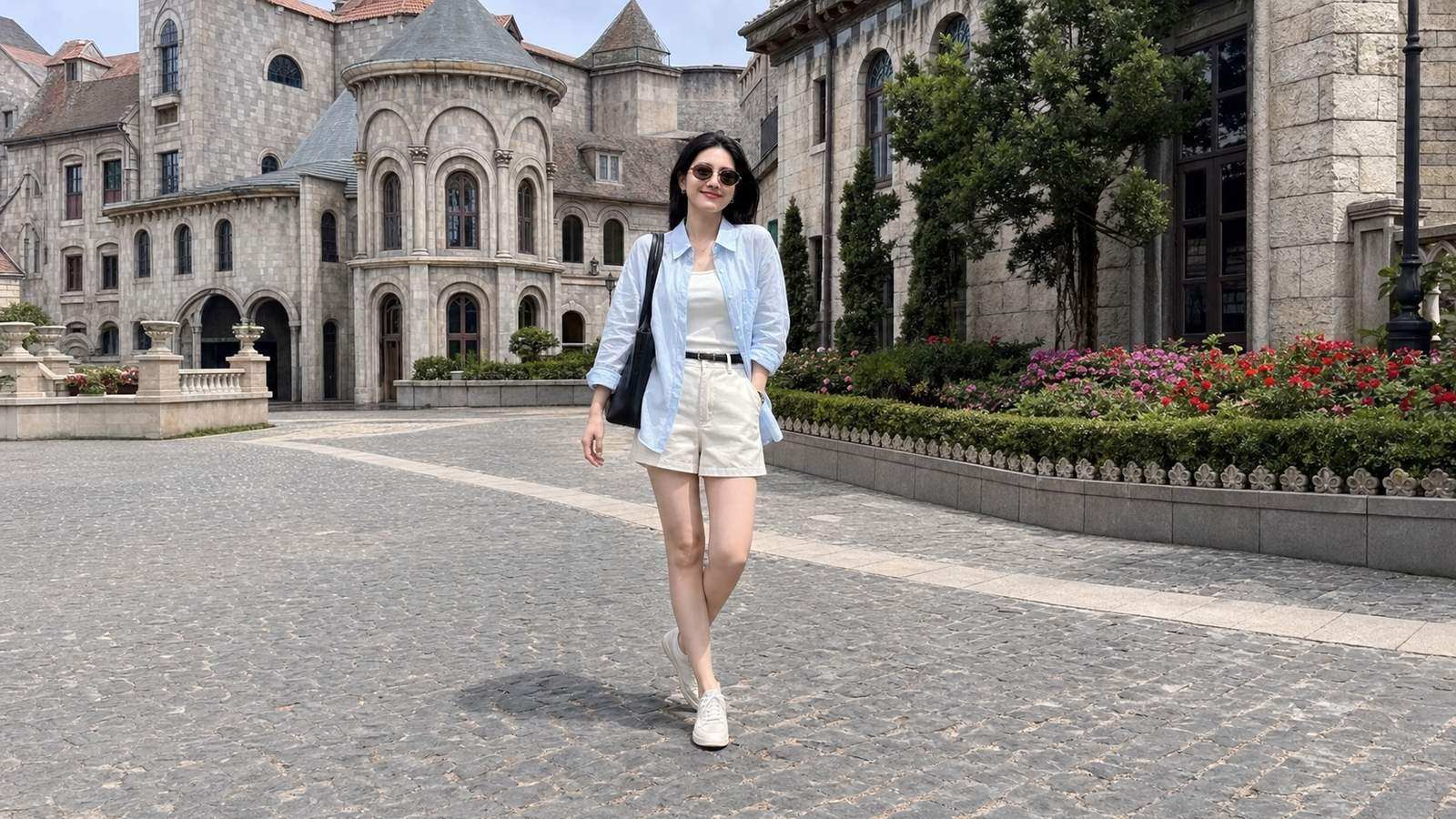 Sơ mi xanh nhạt phối short vải và áo khoác mỏng cho Bà Nà Hill