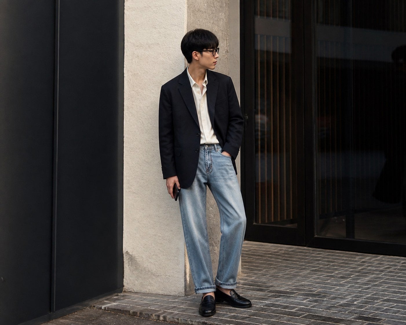 Phối smart casual với blazer và loafer cùng jeans selvedge