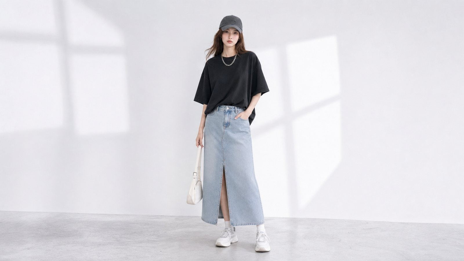Áo thun đen phối chân váy denim sáng cho cuối tuần