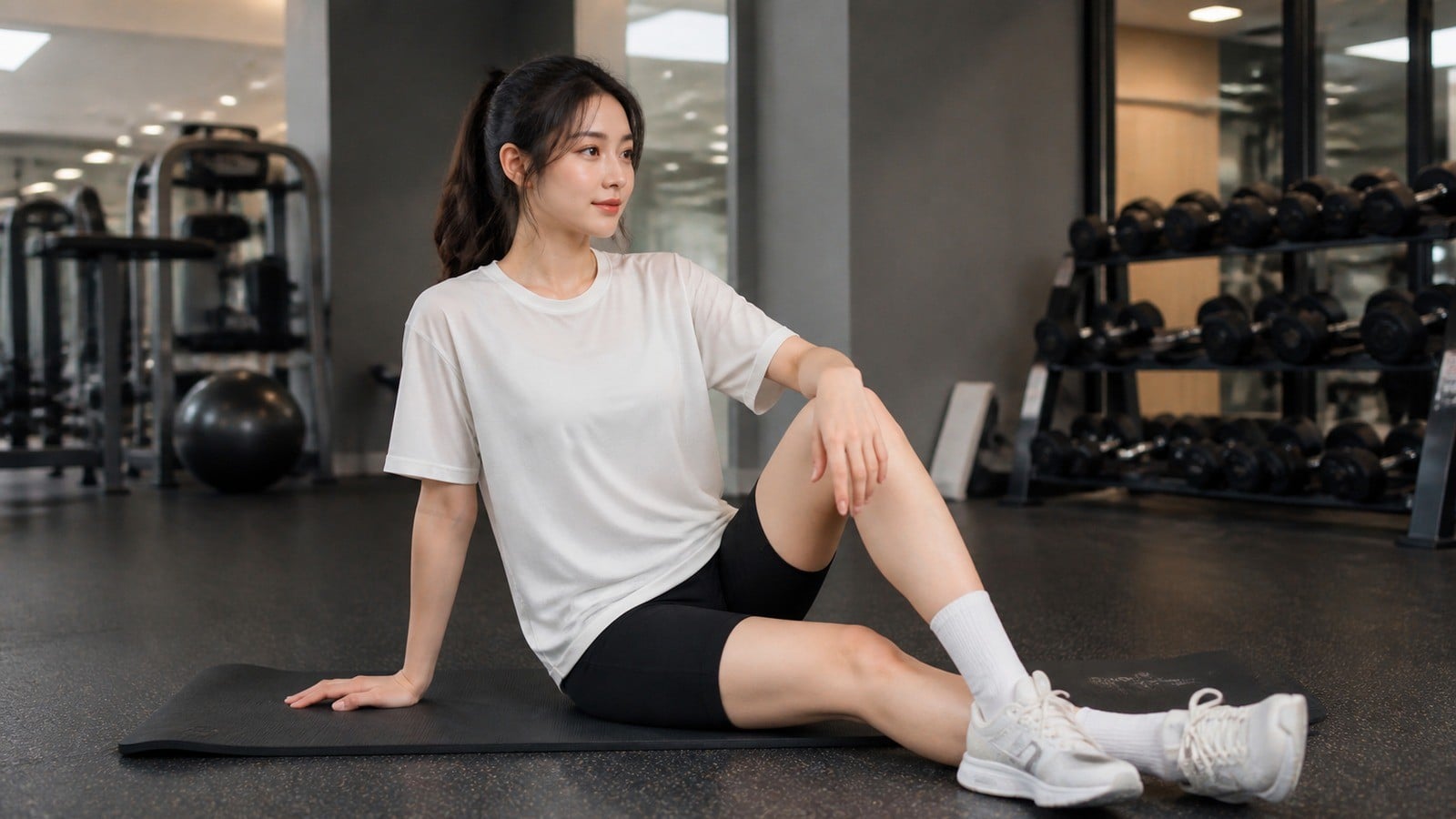 Áo thun oversize vừa phải và biker shorts khi tập gym