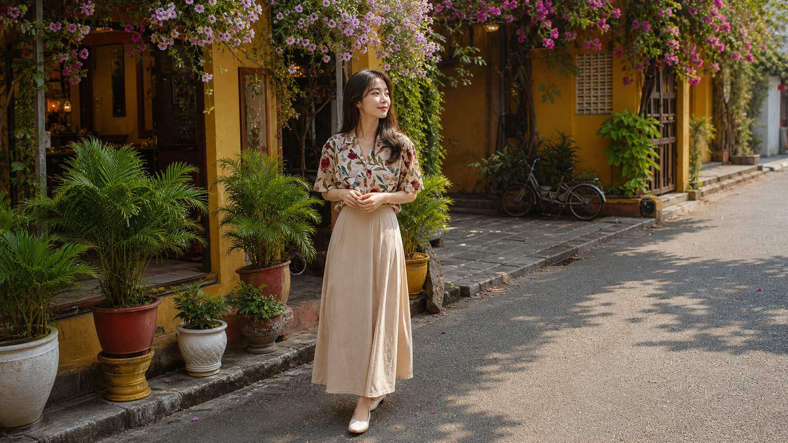 Blouse nhẹ phối chân váy dài cho quán cà phê hoặc phố ở Đà Nẵng