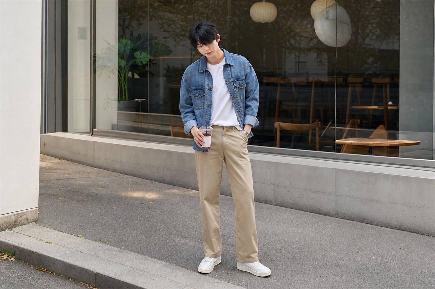 Nam cao 1m7 phối áo khoác denim với quần kaki hoặc jeans tối