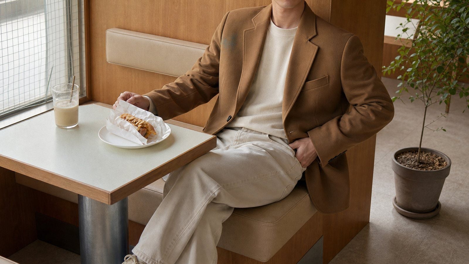 Áo khoác caramel hoặc nâu lạnh trên nền outfit sáng cho nam muốn mặc dễ hơn