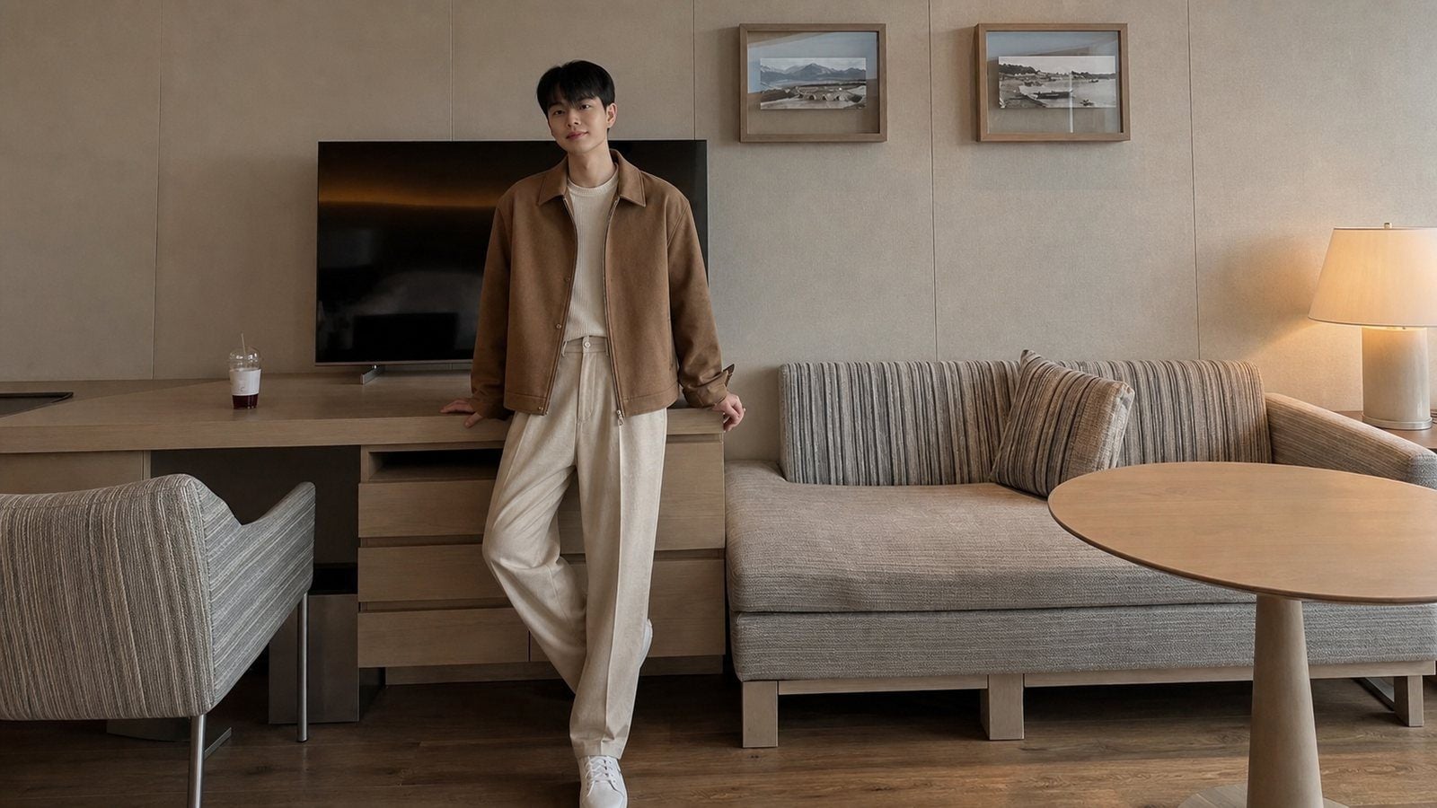 Áo khoác caramel hoặc nâu lạnh trên nền outfit sáng cho nam muốn mặc dễ hơn