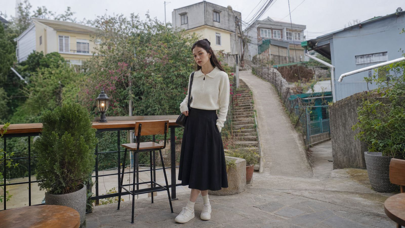 Áo polo dài tay hoặc knit polo phối chân váy midi