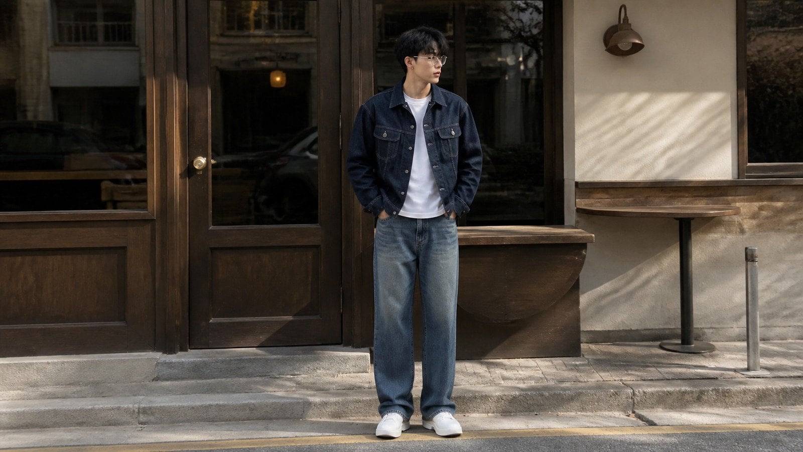 Quần jean ống suông nam phối áo khoác denim nam