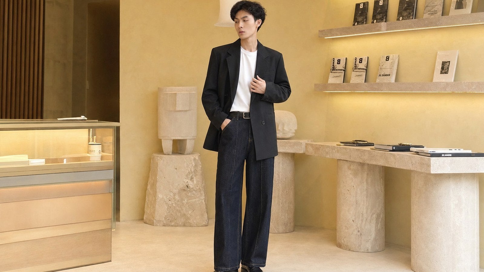 Áo blazer nam phối quần jeans tối màu
