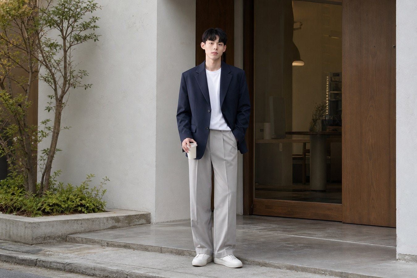 Nam cao 1m7 phối blazer với áo thun và quần suông