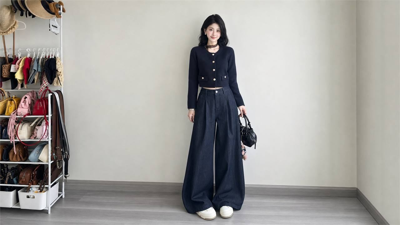 Quần ống rộng phối blazer, cardigan ngắn hoặc áo khoác dáng gọn