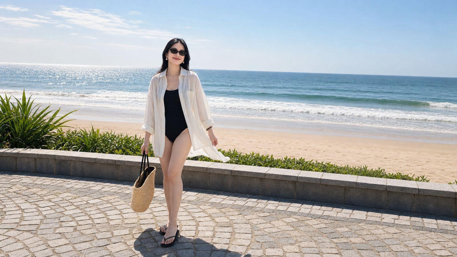 Bikini hoặc đồ bơi một mảnh kèm áo khoác mỏng khi đi Đà Nẵng