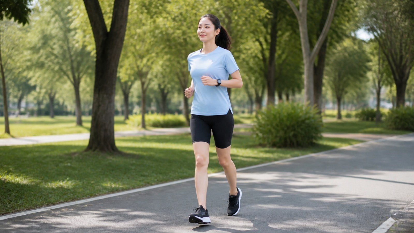 Áo thun ôm nhẹ và biker shorts cho outfit chạy bộ