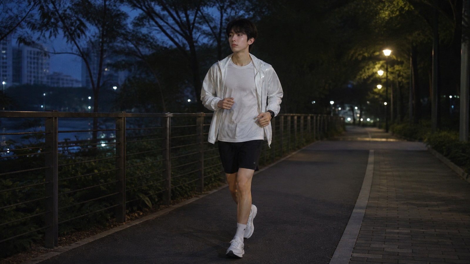 Outfit chạy bộ buổi tối hoặc sáng sớm với chi tiết phản quang