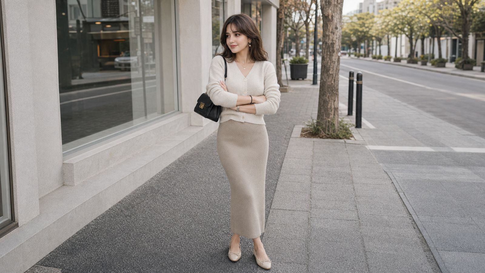 Áo len cardigan phối với chân váy len body