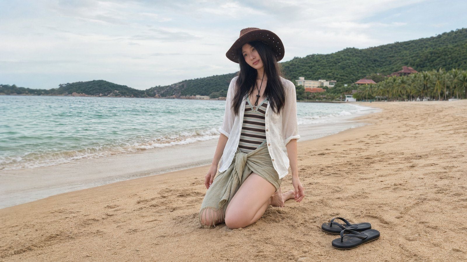 Quỳ hoặc nửa quỳ trên cát để ảnh mềm và nữ tính hơn
