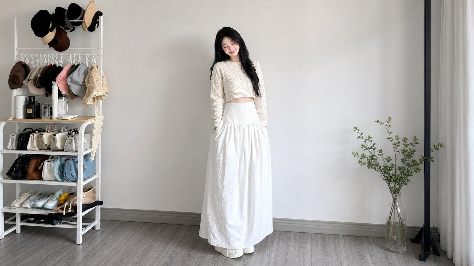Áo len dáng lửng phối với chân váy cạp cao
