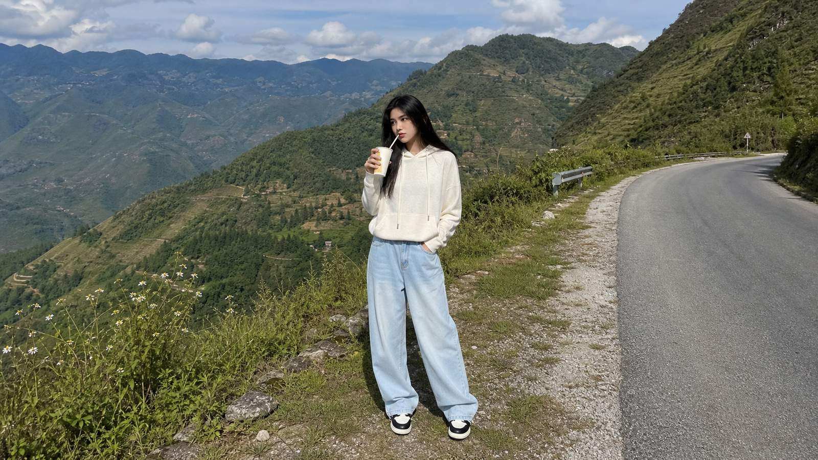 Áo hoodie gọn phối quần jeans sáng màu cho outfit trẻ trung ở Hà Giang