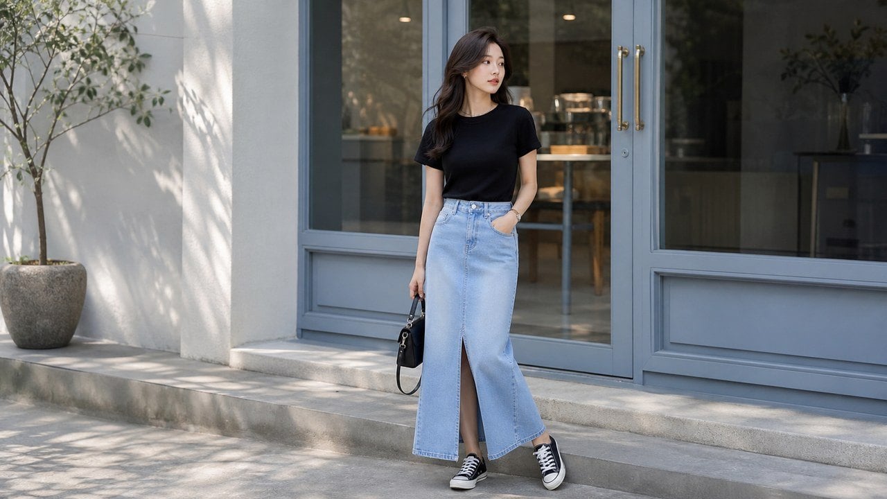 Áo thun đen phối chân váy denim sáng cho cuối tuần