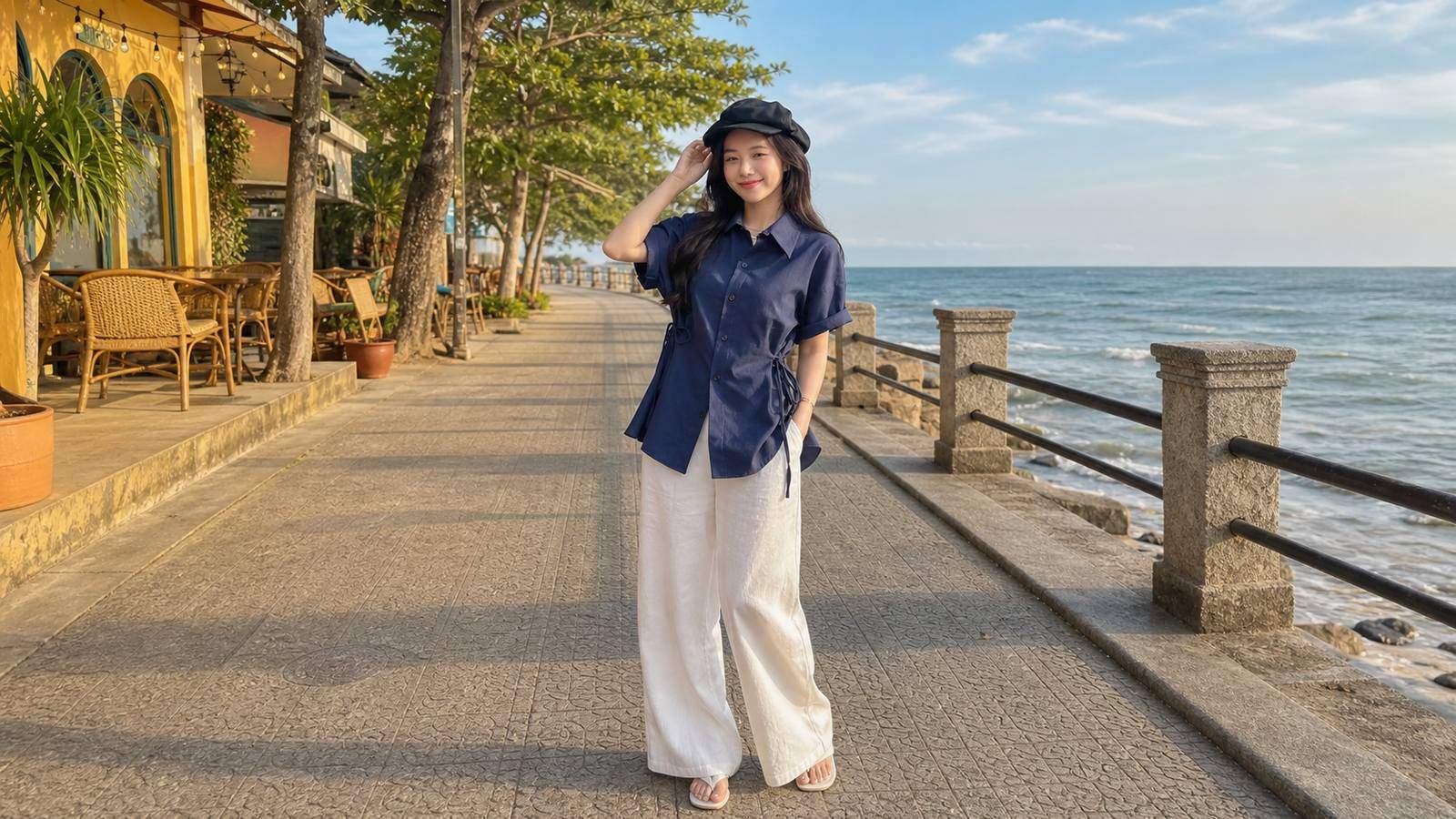 Sơ mi linen phối quần ống rộng nhẹ cho chuyến đi Vũng Tàu