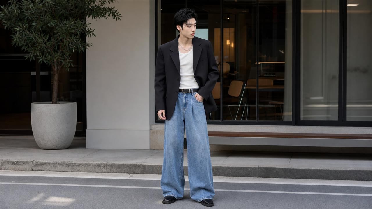 Quần ống rộng phối blazer và áo trong đơn giản cho outfit chỉn chu