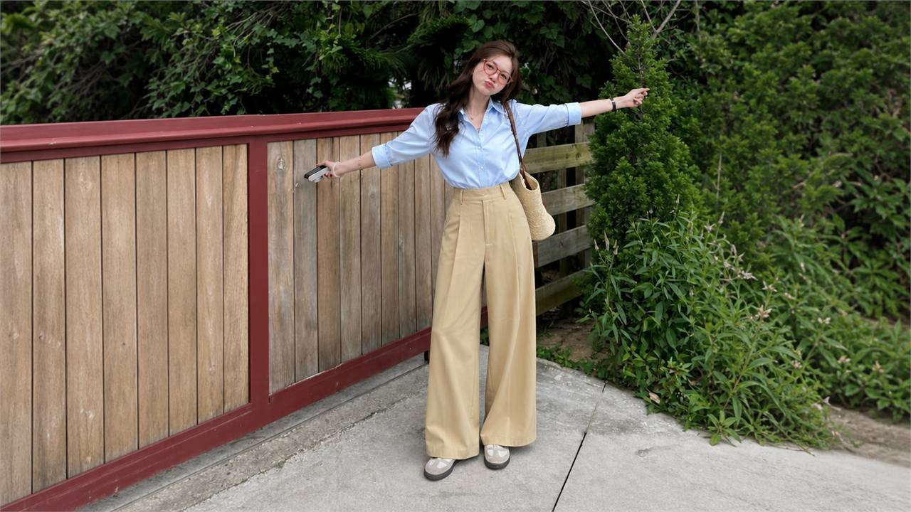Quần ống rộng phối sơ mi, blouse hoặc polo dệt cho outfit thanh lịch