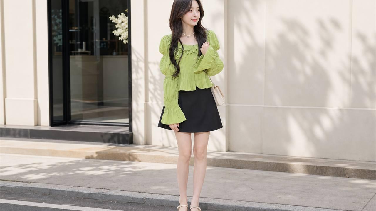 Blouse nhấn vai nhẹ và chân váy tối màu cho outfit nữ tính vừa phải