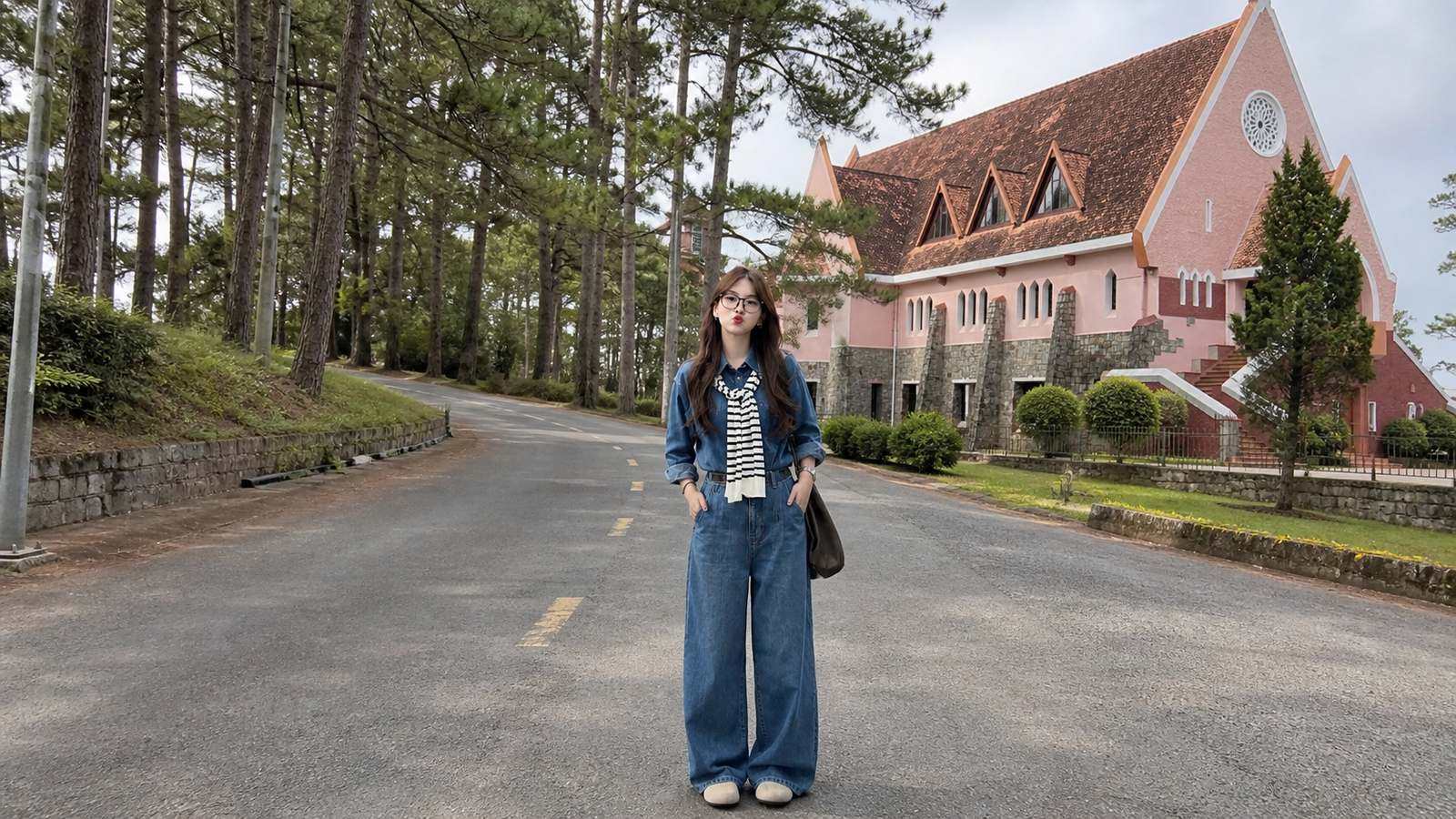 Set denim đồng màu hoặc gần tông cho outfit cá tính ở Đà Lạt