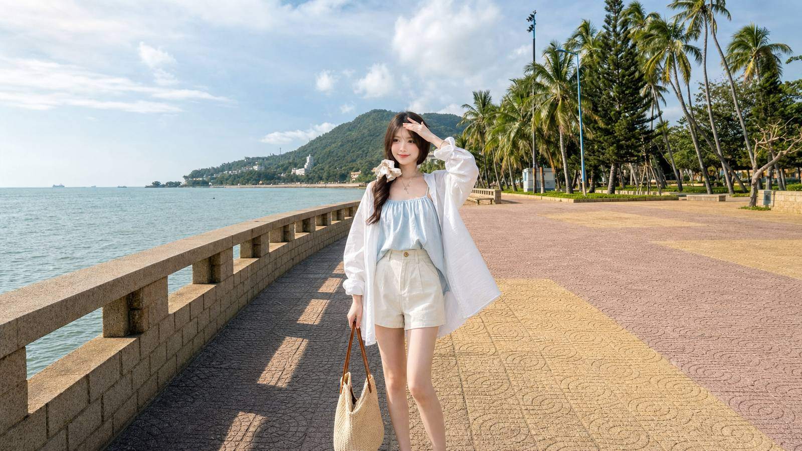 Áo hai dây phối sơ mi khoác ngoài và short cạp cao cho Vũng Tàu