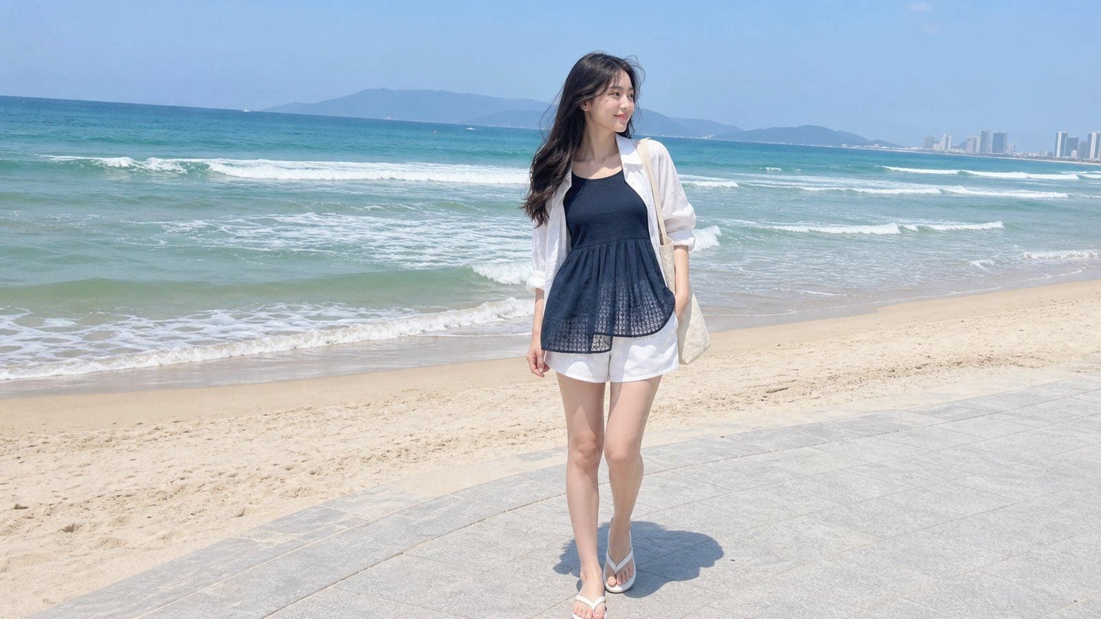 Áo hai dây phối sơ mi khoác ngoài và short cạp cao cho Đà Nẵng