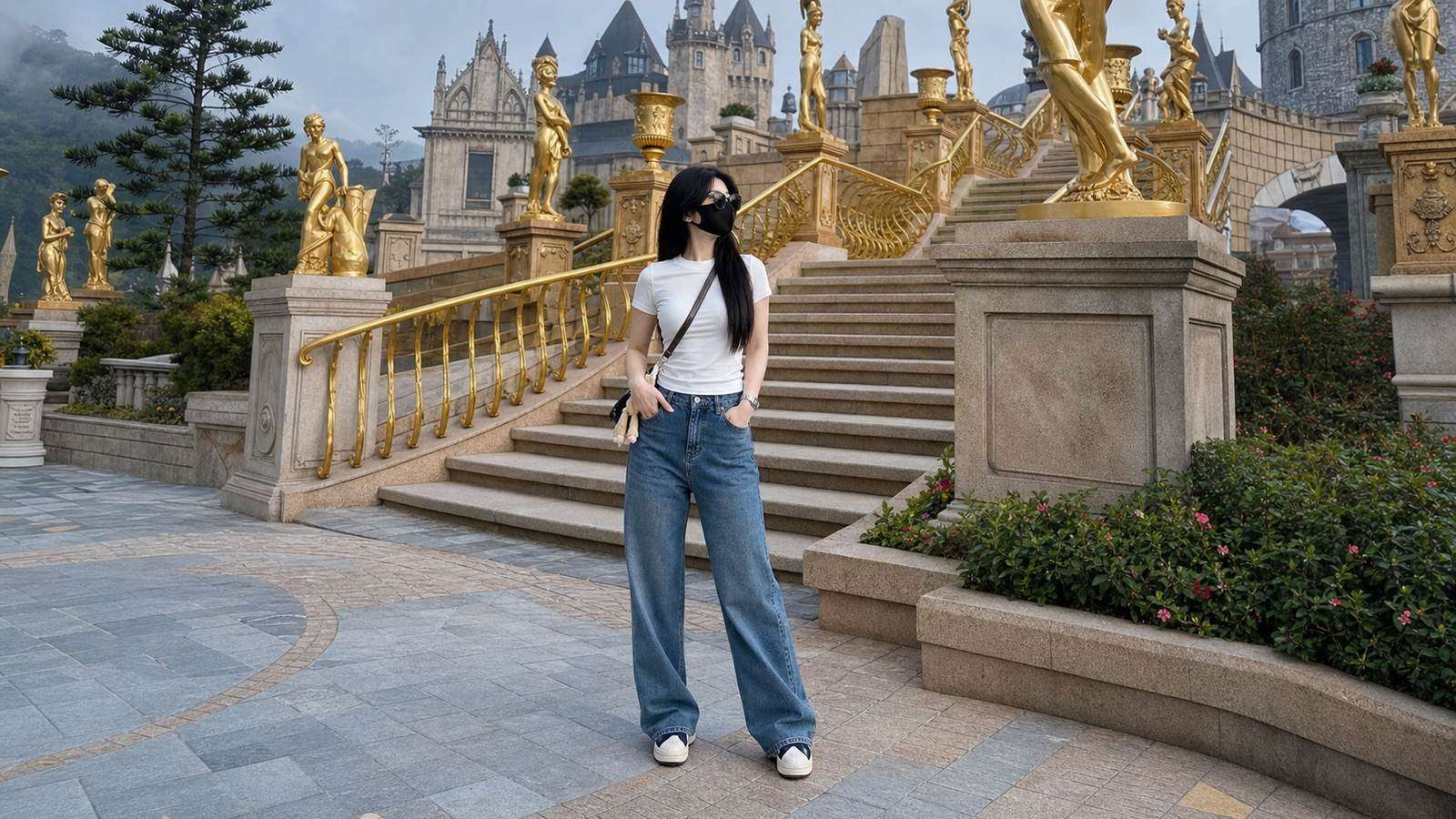 Áo thun ôm phối quần jeans ống đứng cho outfit đi Bà Nà Hill