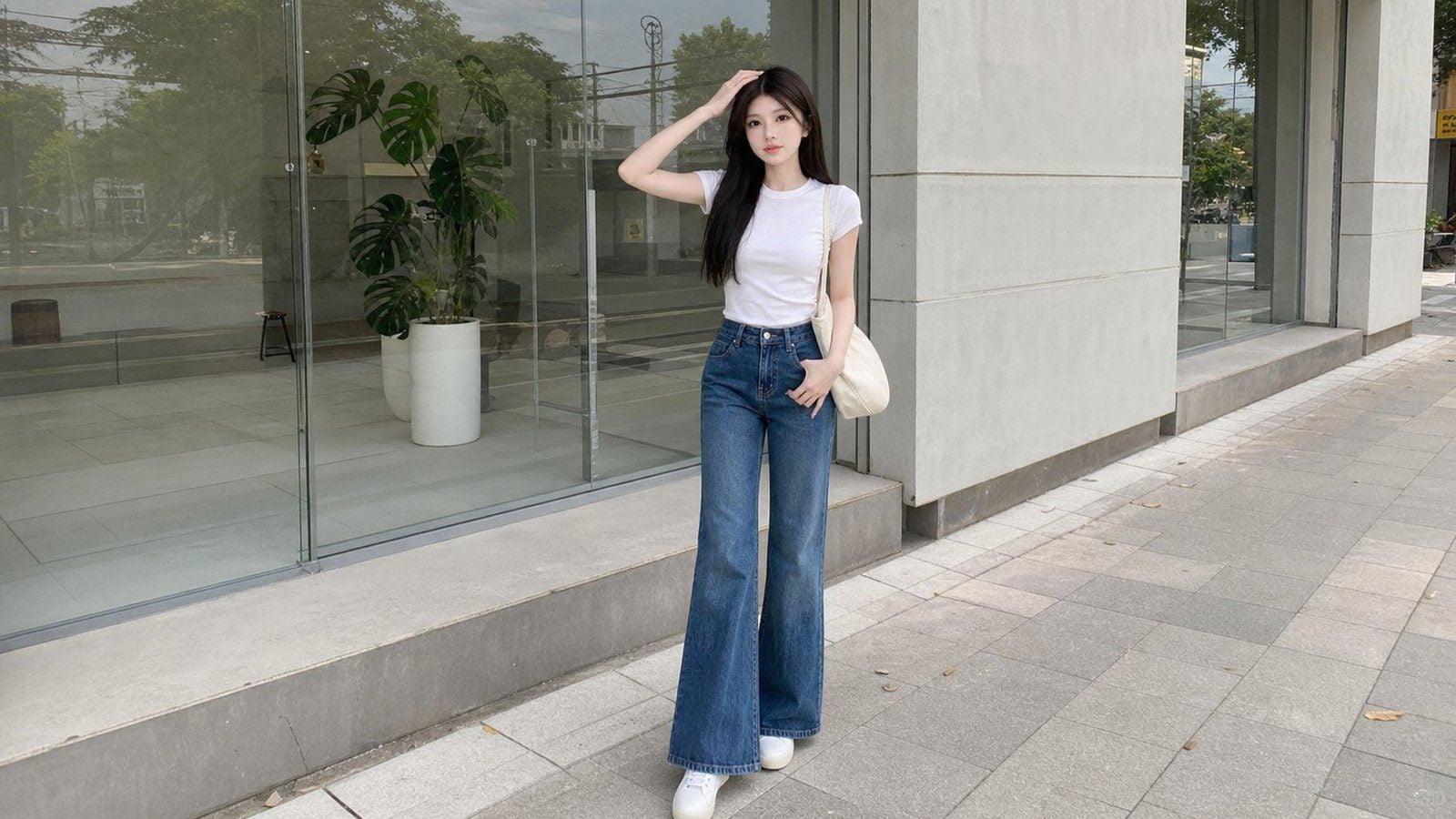 Quần ống loe phối áo thun ôm sơ vin