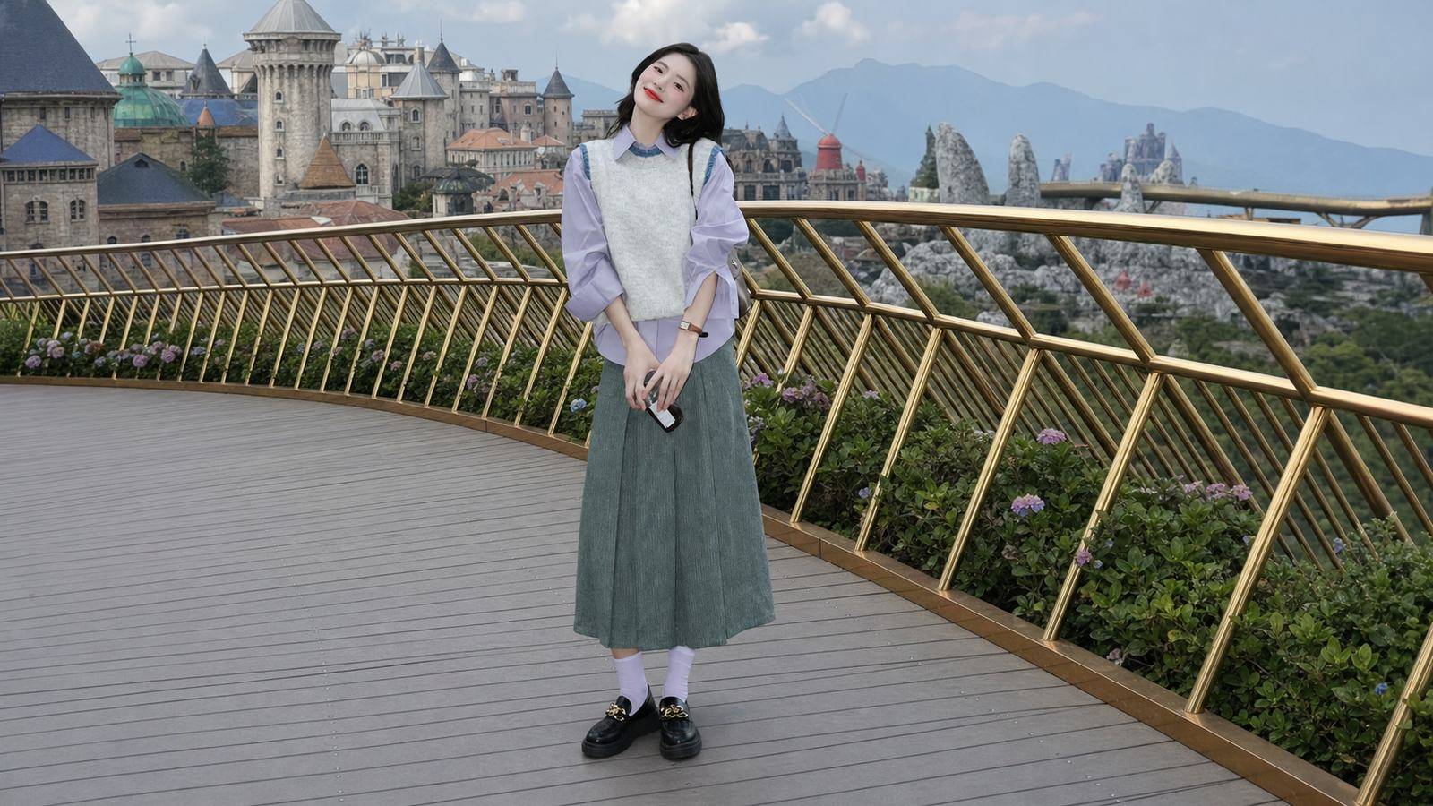 Gile len mỏng phối sơ mi và chân váy dài theo phong cách preppy ở Bà Nà Hill