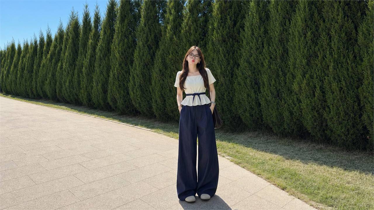 Quần ống rộng phối croptop kín đáo, áo chiết eo hoặc peplum nhẹ