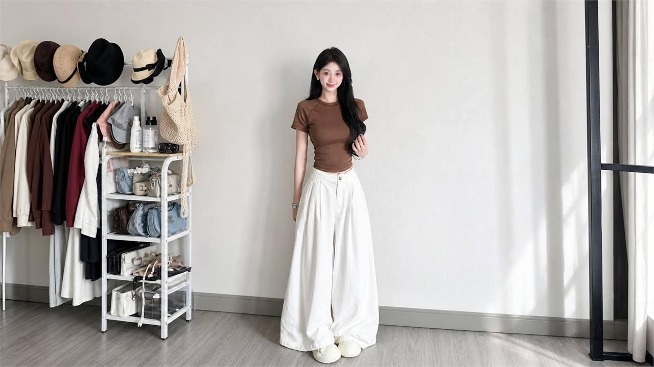 Người thấp nên chọn áo gọn để mặc quần ống rộng mà không bị lùn