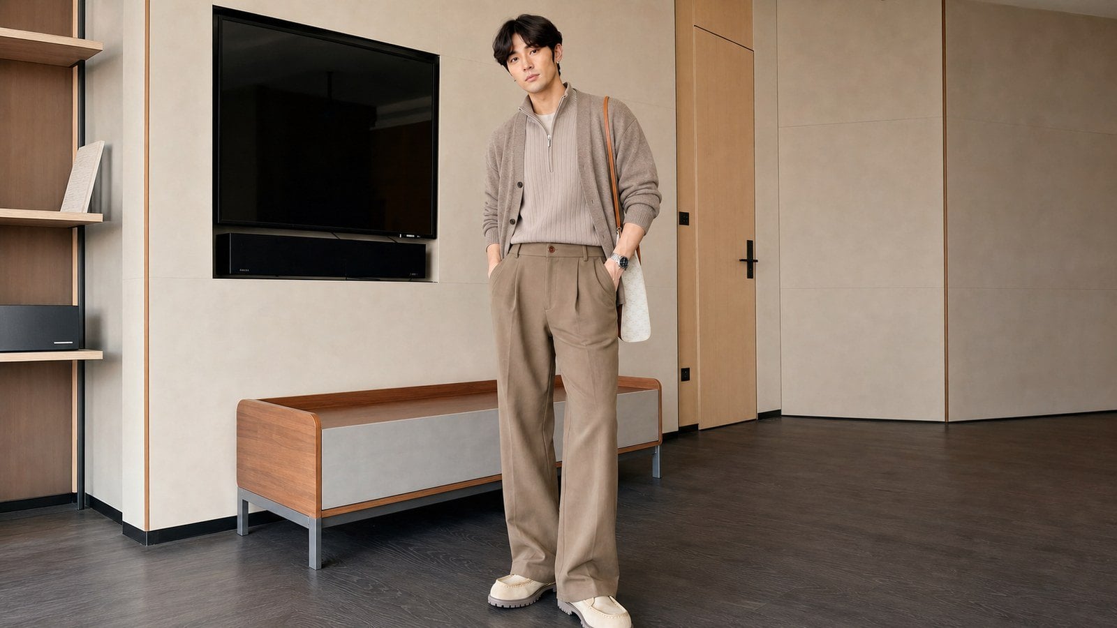 Quần chinos phối áo len mỏng hoặc cardigan